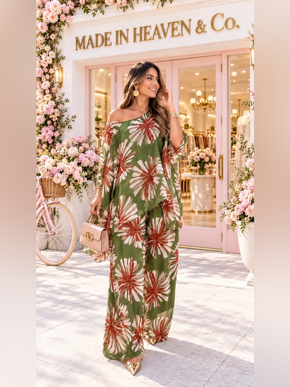 One-Shoulder Floral  pants and blouse in Olive Green